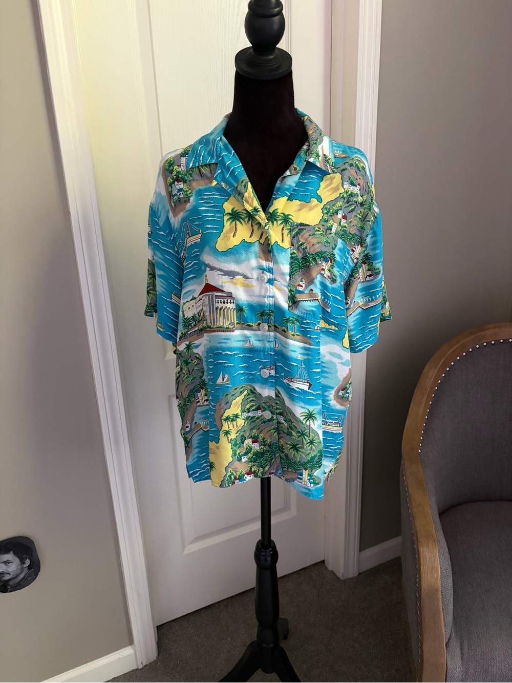 Women's Tropical Button-Down Shirt in Blue and Yellow